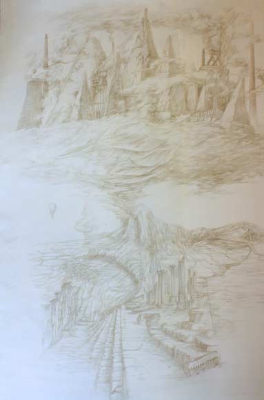 silverpoint on paper with imaginary ruins and old man's face