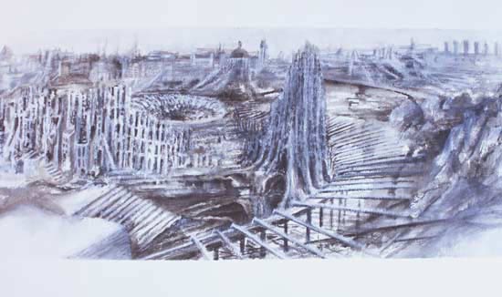 pastel drawing on paper with imaginary ruins based on London and the Colosseum