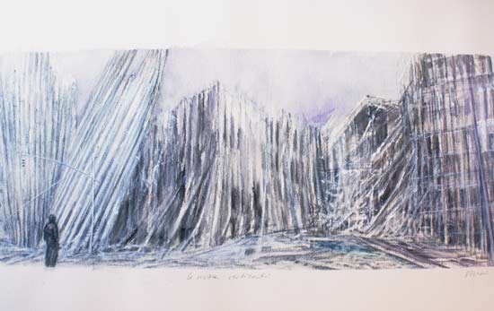 pastel drawing on paper with ruins based on the collapse of the world trade center on 9/11