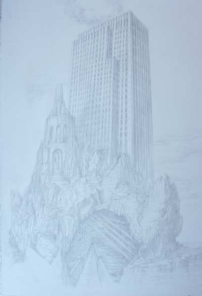 silverpoint on paper with imaginary ruins inspired by bruegel and new york skyscrapers