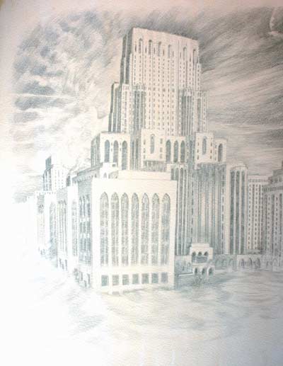 silverpoint on paper with building derived from art deco hospital in new york city