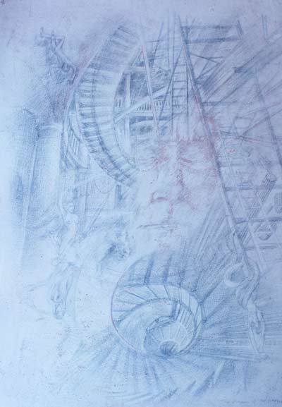 silverpoint on paper with imaginary ruins, horses, ladders and old man's face
