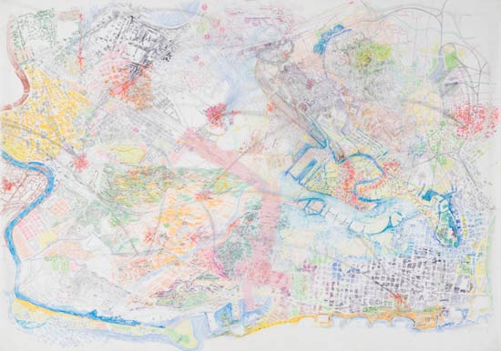 mylar map drawing of imaginary city based on new york city