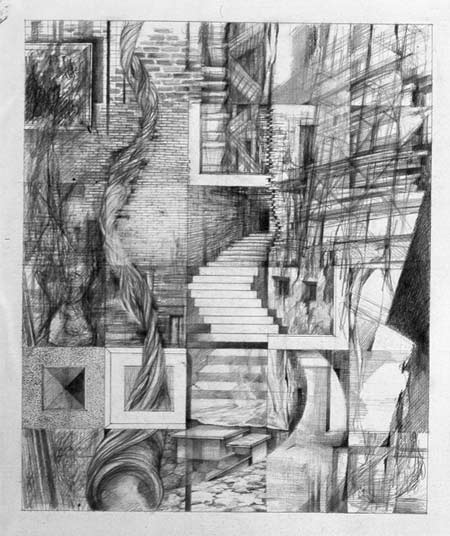 graphite drawing on paper with multiple views of windows interiors and exteriors maps and trees inspired by the break out of the iraq war