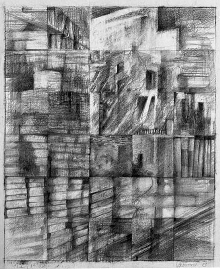 graphite drawing on paper with multiple views of windows interiors and exteriors maps and trees inspired by the break out of the iraq war
