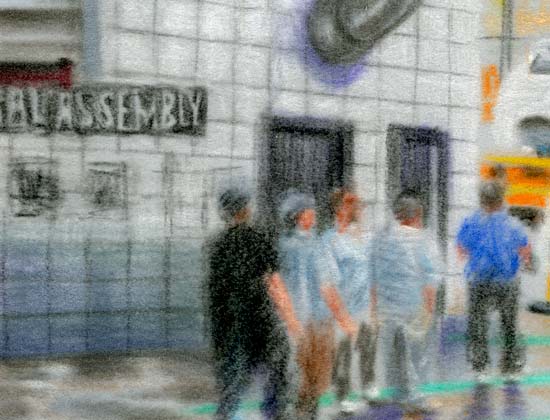 pastel drawing on velvet of composite scene from above at the GM factory in lansing michigan