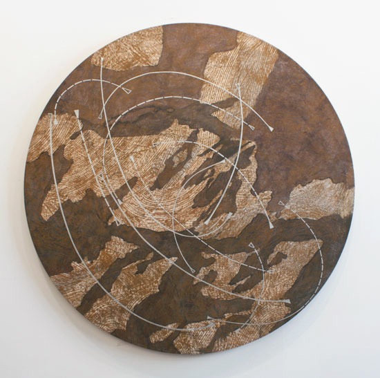 round painting of a map in brown and silver lines resembling cosmic ancient maps