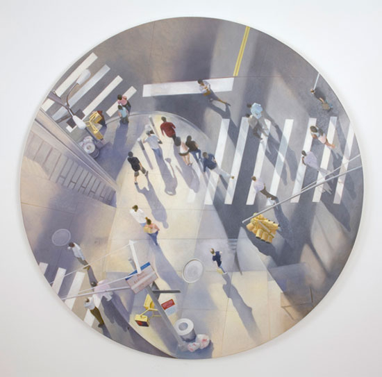 round painting with simultaneous views of downtown Manhattan street