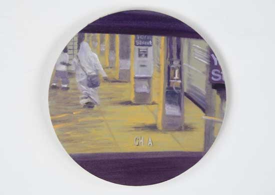 surveillance painting of people seen through a CCTV