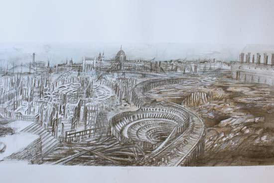 pastel drawing on paper with imaginary ruins based on London and the Colosseum