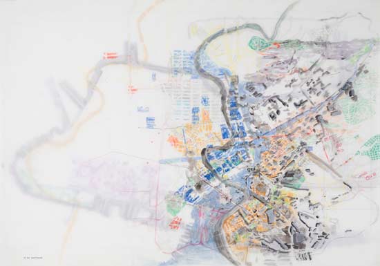 mylar map drawing of imaginary city based on new york city