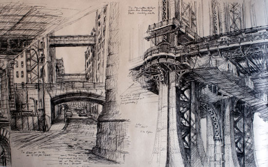 ink drawing on paper scroll panorama based on a view of DUMBO brooklyn