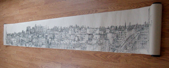ink drawing on paper scroll panorama based on a view of bedstuy brooklyn
