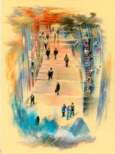 pastel drawing on velvet of composite street scene from above