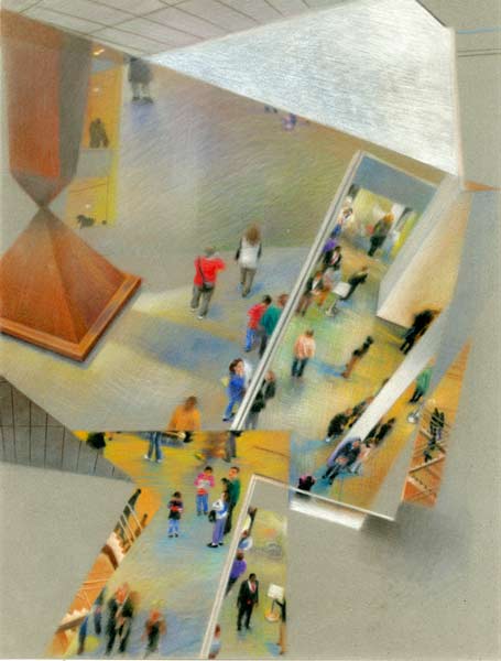 pastel drawing on velvet of composite MoMA (museum of modern at in new york) scene from above