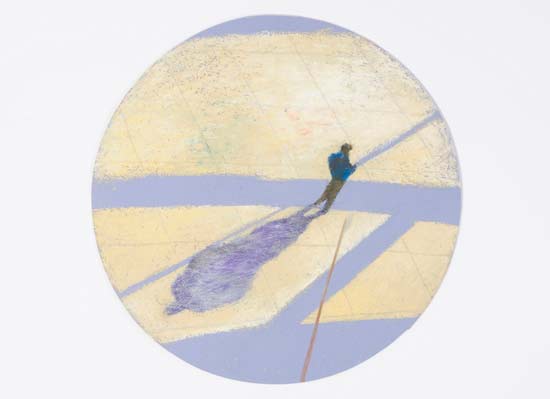round pastel drawing of street view with lonely person